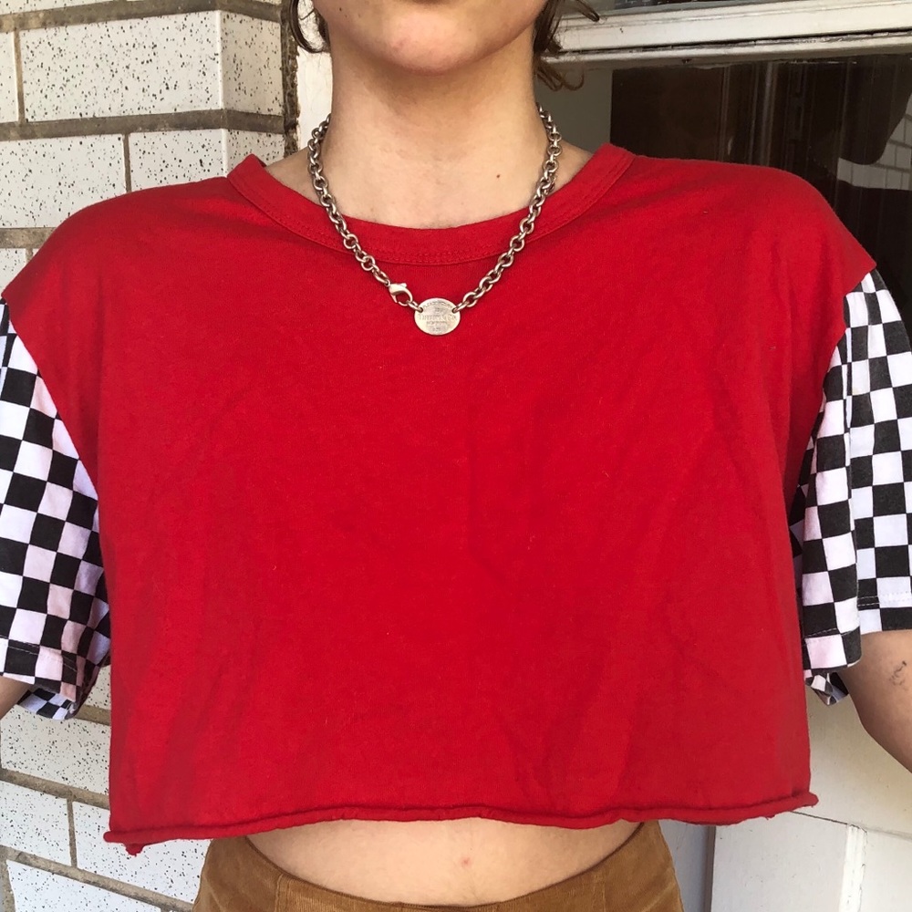 red crop top with black & white checkered sleeves